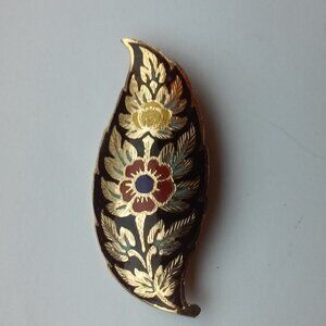 Cloisonne Brooch Pin Leaf SHape Gold Black Burgundy Yellow Blue 2" x 1"